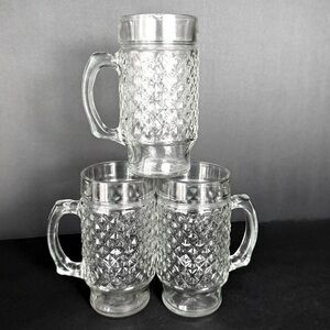 Vintage Set Of 3, 5 3/4” Anchor Hocking Glass Mug Quilted Diamond Point Pattern